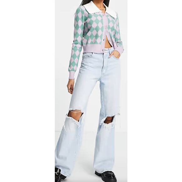 Y.A.S collar detail cardigan in lilac /green checkerboard size M retro academia - Picture 14 of 14